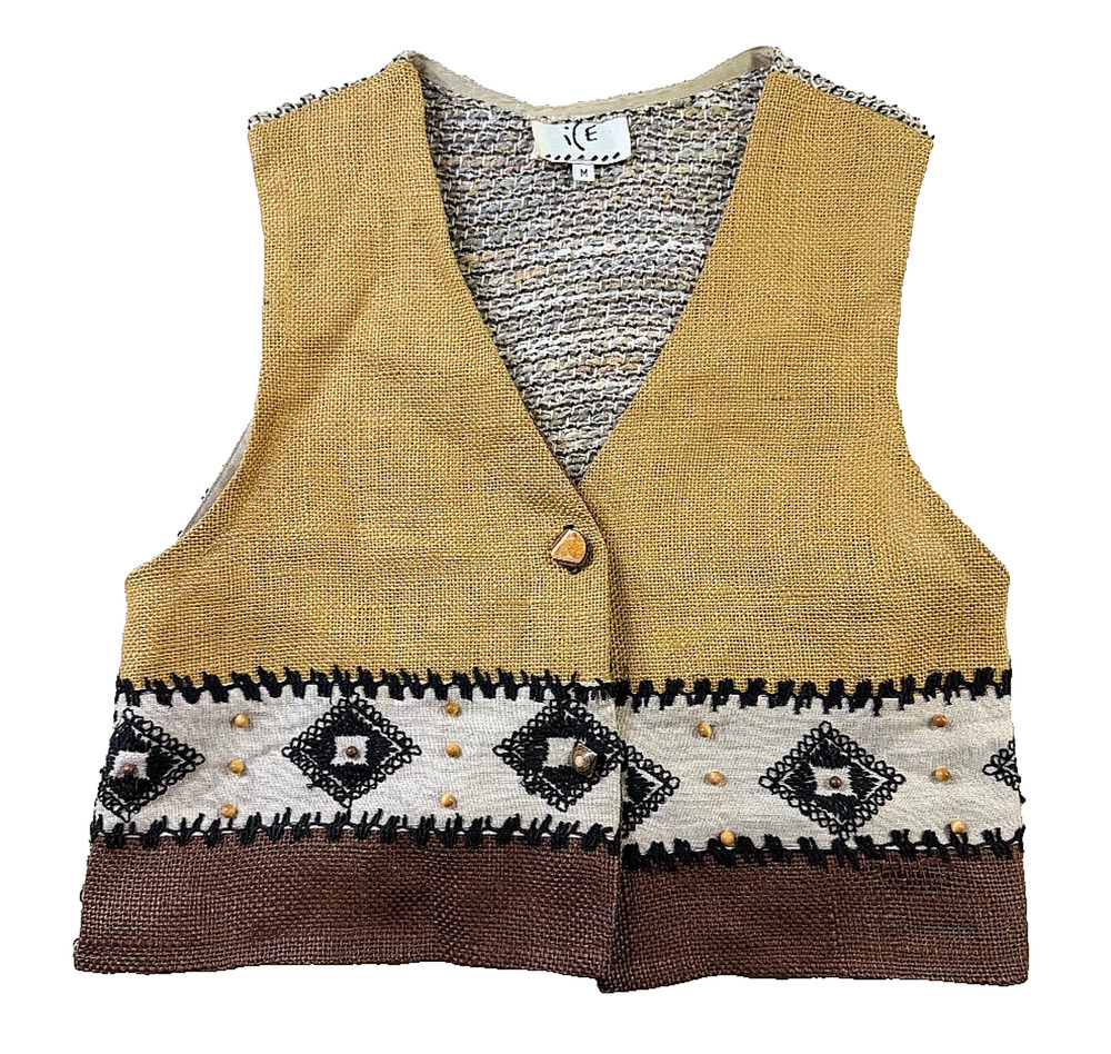 ICE Vintage 1990s Southwestern Color Block Burlap Vest Womens M